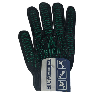 Рукавички робочі "Віса-Електро"  Чорні + зелений ПВХ-трактор  ХБ р-р. 10, кл.7