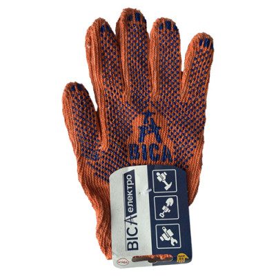 Рукавички робочі "Віса-Електро"; Помаранчеві+синій ПВХ-крапка;ХБ р-р.10,кл.10