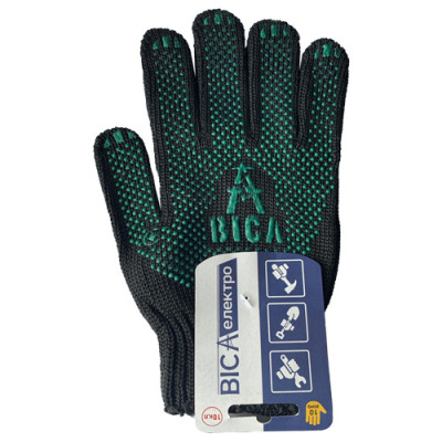 Рукавички робочі "Віса-Електро"  Чорні + зелений ПВХ-крапка  ХБ р-р. 10, кл.10