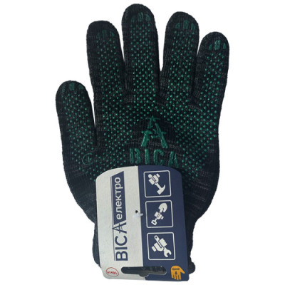 Рукавички робочі "Віса-Електро"   Чорні + зелений ПВХ-крапка  ХБ р-р. 9, кл.10